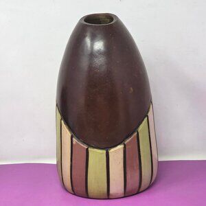 Handcrafted Peruvian Ceramic Vase With Brown & Multicolor Striped Design